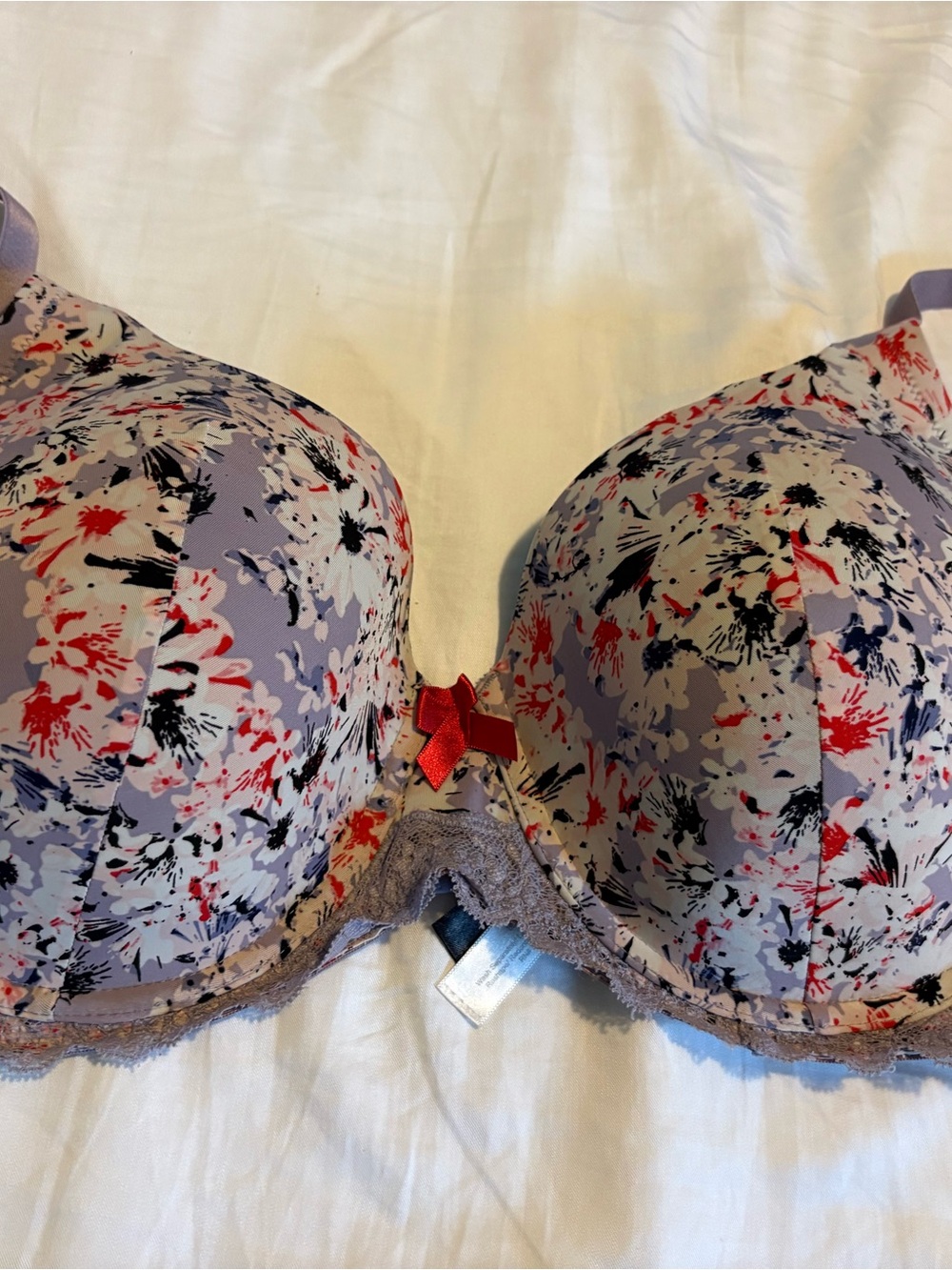 Adore Me Lavender Floral Lace-Trim Push-Up Bra with Red Accent